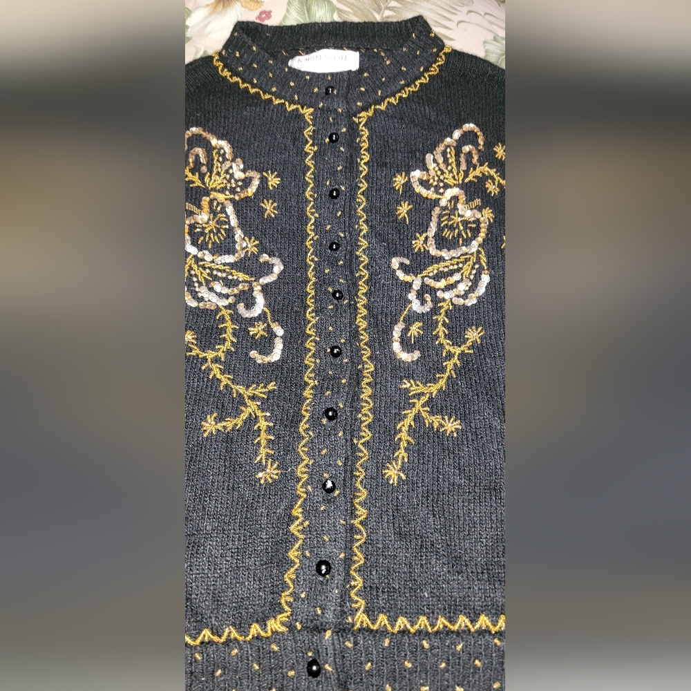 #017 Karen Scott- Black Sequined Front Button-up Sweater Cardigan- Sz. XL - Picture 13 of 14